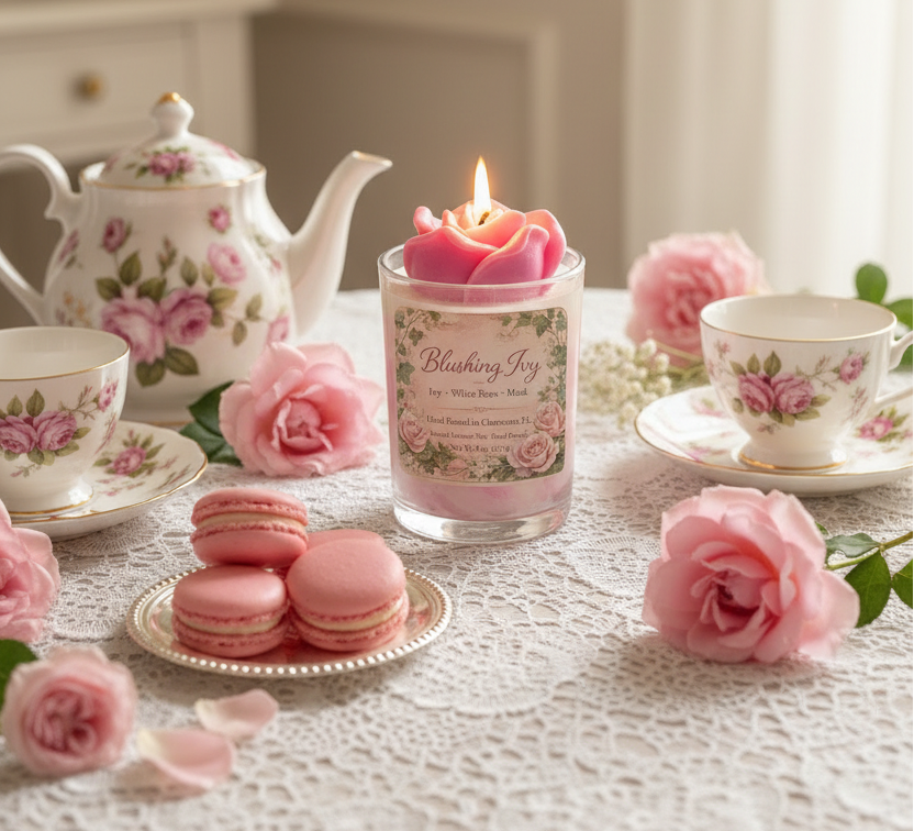 Lit Blushing Ivy coconut wax candle by Rene's Scented Spark with a pink rose wax topper, displayed with a vintage floral tea set, pink macarons, and fresh roses on a lace-covered table