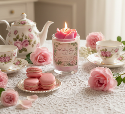 Lit Blushing Ivy coconut wax candle by Rene's Scented Spark with a pink rose wax topper, displayed with a vintage floral tea set, pink macarons, and fresh roses on a lace-covered table