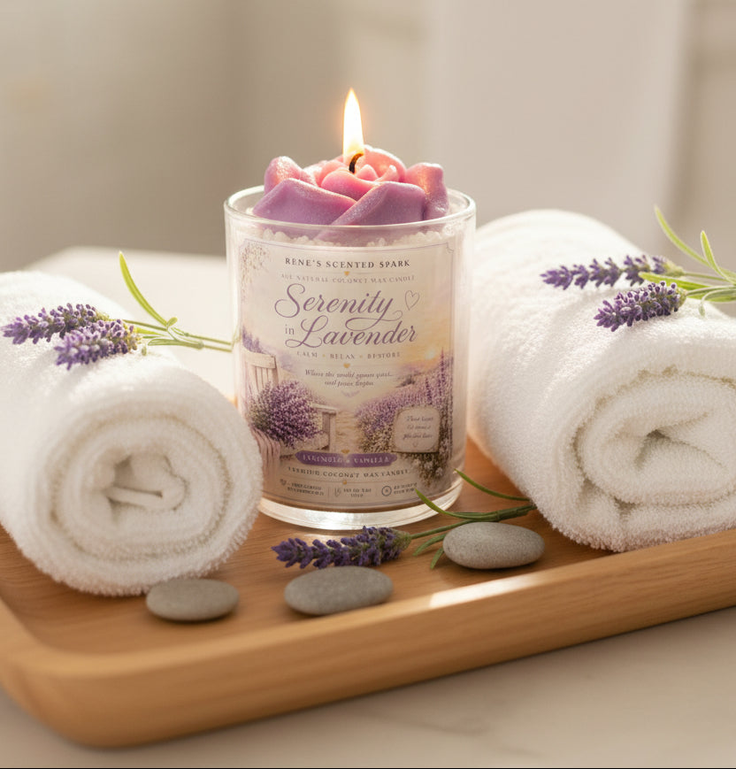 Scented candle labeled 'Serenity in Lavender' with a purple  rose wax design in a spa setting