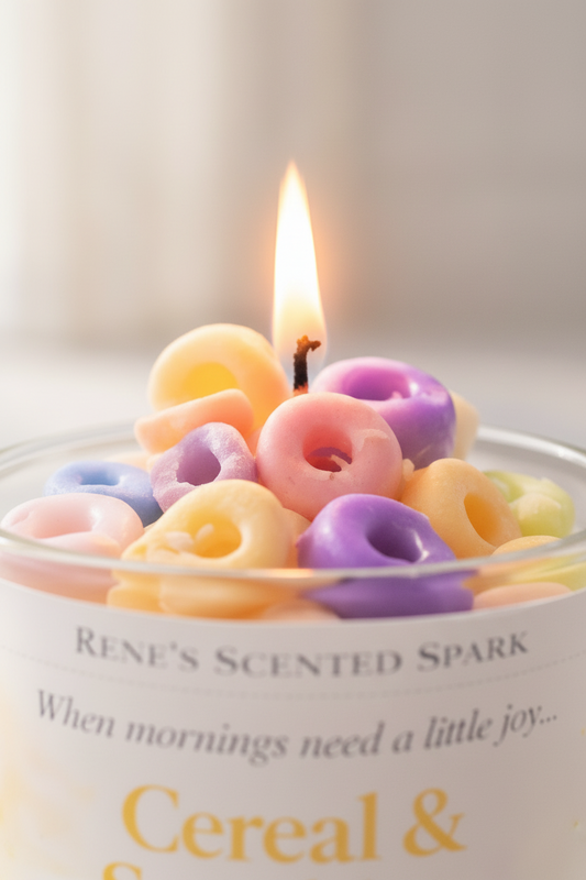 Cereal & Sunshine coconut wax candle with a glowing flame and colorful cereal-shaped wax toppers in pink, purple, yellow, blue, and orange.