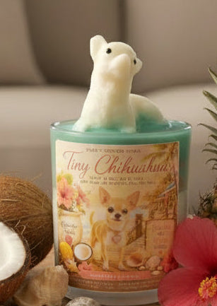 Pet product with a small dog-shaped figure on top, surrounded by decorative items.