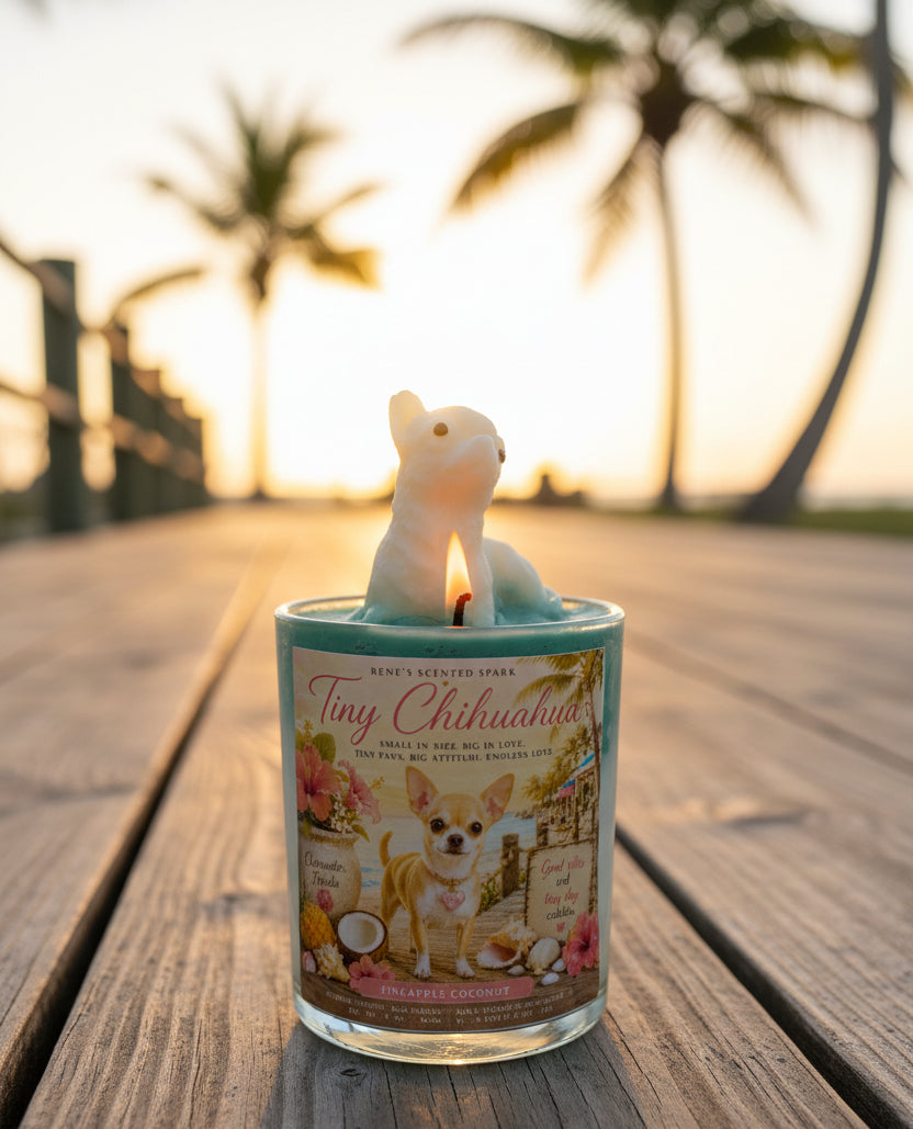 Pet product with a small dog-shaped figure on top, surrounded by decorative items.