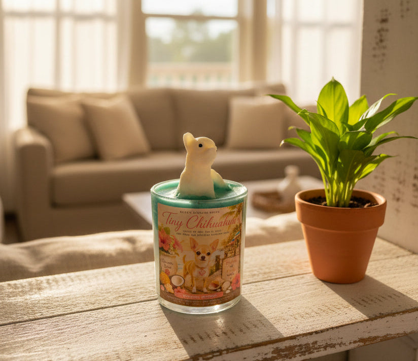 Candle with a dog-shaped candle wick on a wooden table next to a potted plant, with a blurred living room background.