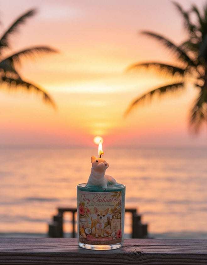 Candle with a dog design on a wooden surface at sunset with palm trees in the background