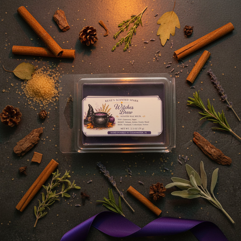 Witches Brew purple wax melts by Rene’s Scented Spark surrounded by cinnamon sticks, sugar crystals, cedarwood, herbs, lavender, and autumn botanicals.