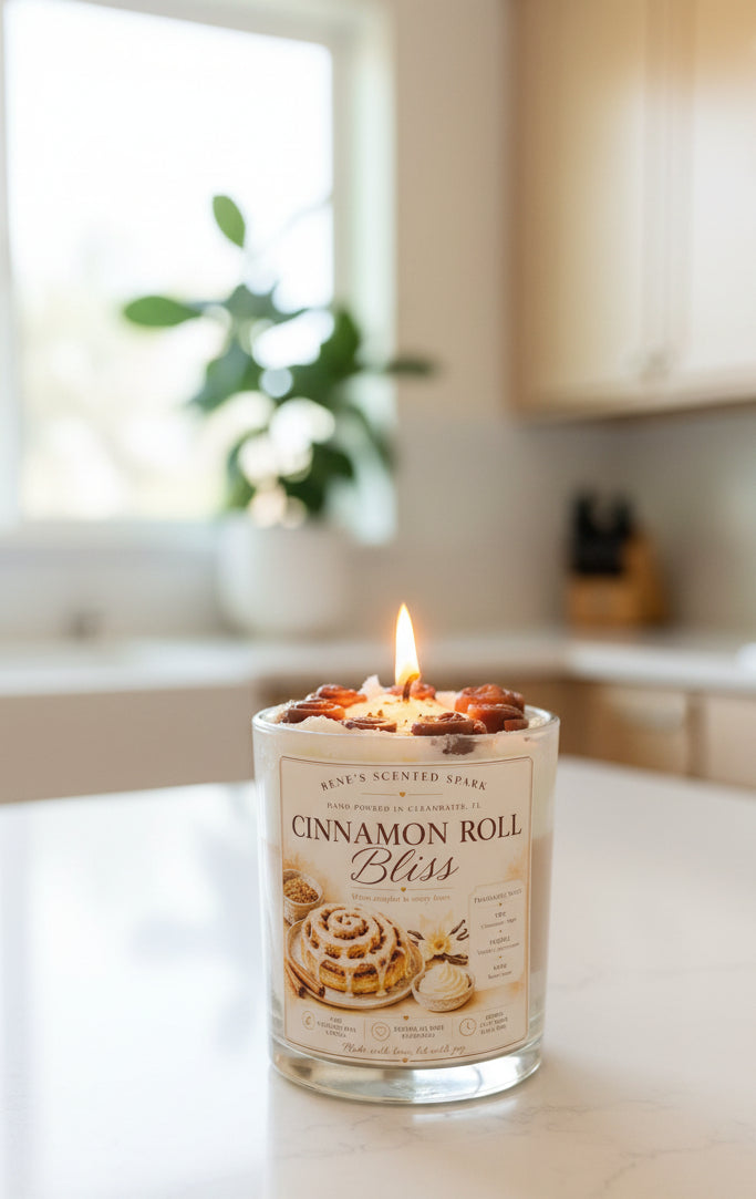 Candle in a tin labeled 'Cinnamon Roll Bliss' with a cinnamon roll illustration in a kitchen setting