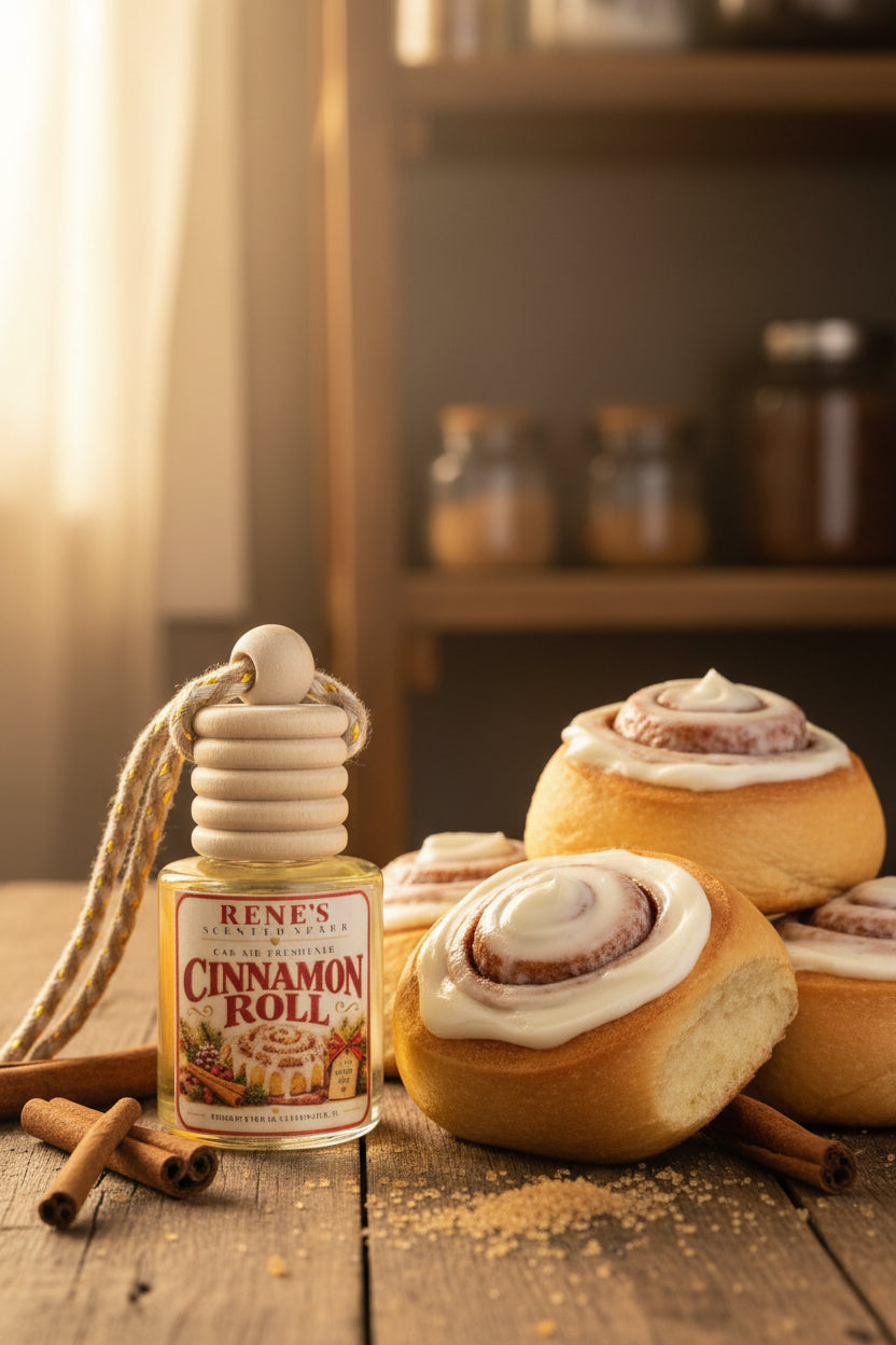 Cinnamon Roll hanging car air freshener by Rene’s Scented Spark displayed beside freshly baked frosted cinnamon rolls and cinnamon sticks on a rustic wooden table in warm golden light. 🤎✨