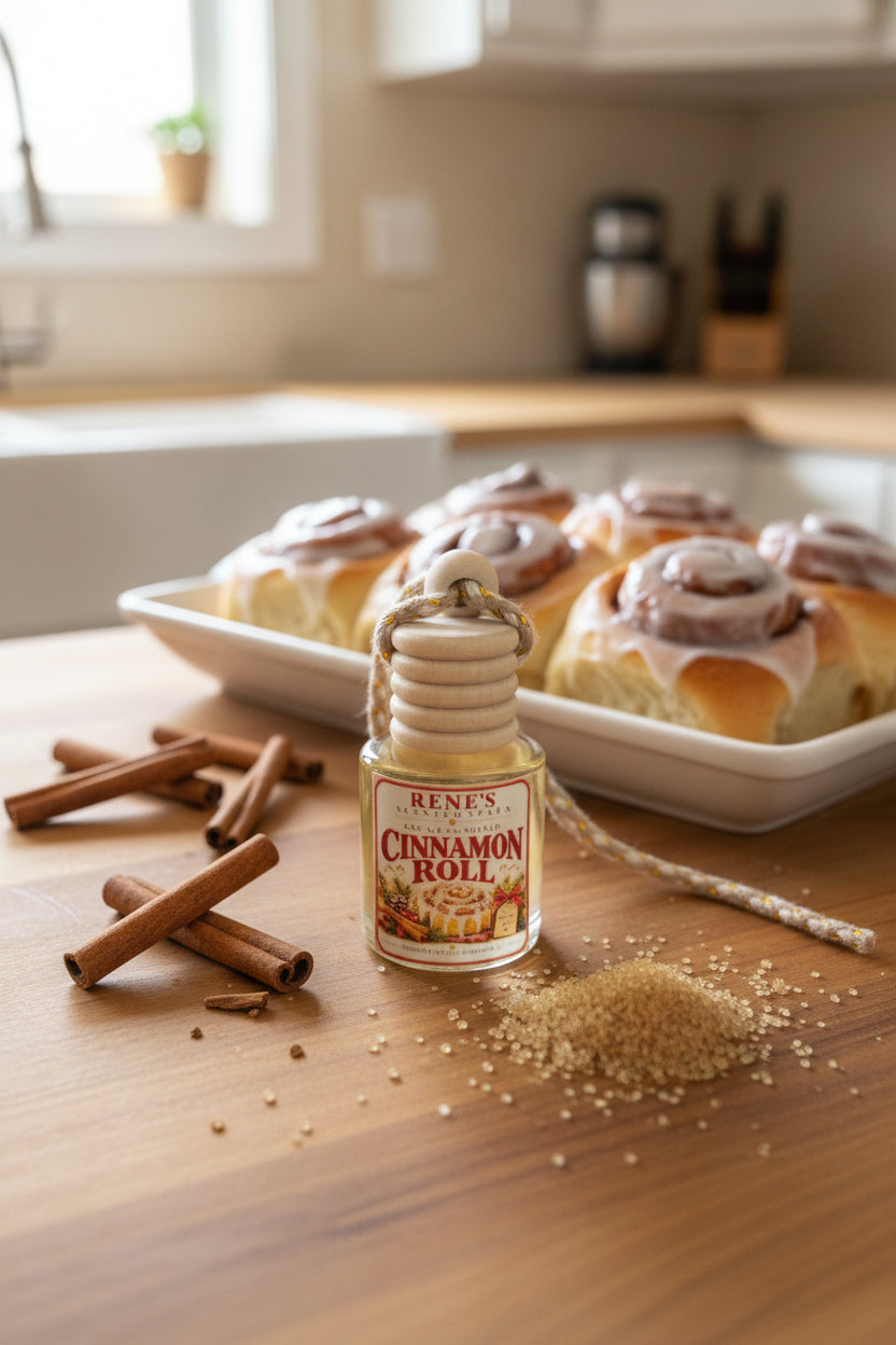 Cinnamon Roll hanging car air freshener by Rene’s Scented Spark displayed on a kitchen counter with frosted cinnamon rolls, cinnamon sticks, and brown sugar in a bright cozy kitchen. 🤎🍥