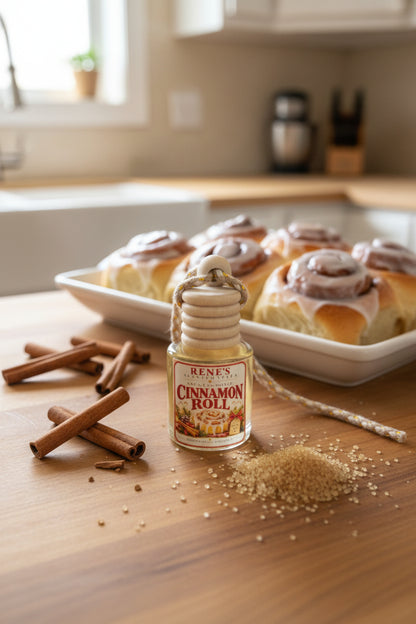 Cinnamon Roll hanging car air freshener by Rene’s Scented Spark displayed on a kitchen counter with frosted cinnamon rolls, cinnamon sticks, and brown sugar in a bright cozy kitchen. 🤎🍥