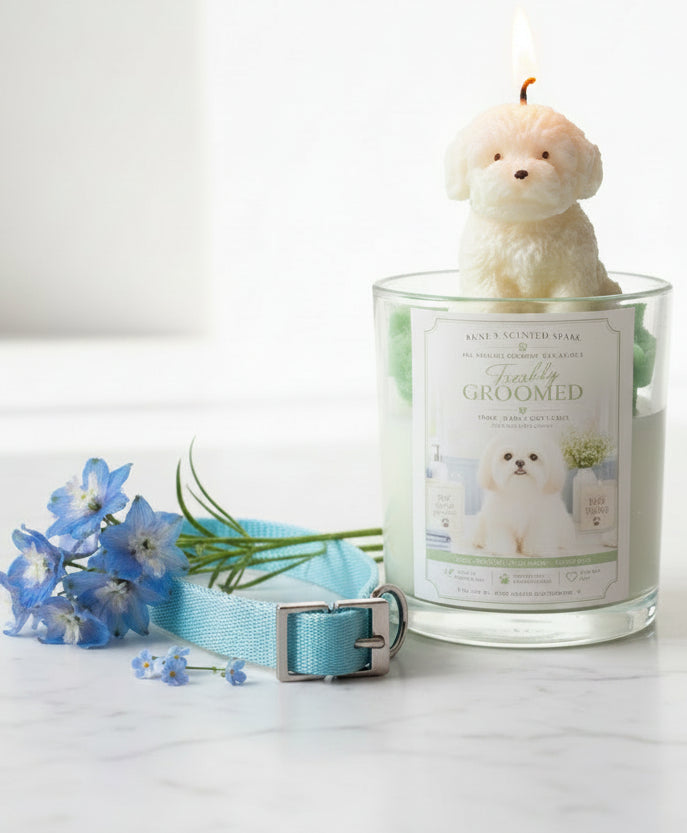 Clean linen scented Maltese candle with sculpted wax topper and grooming brush