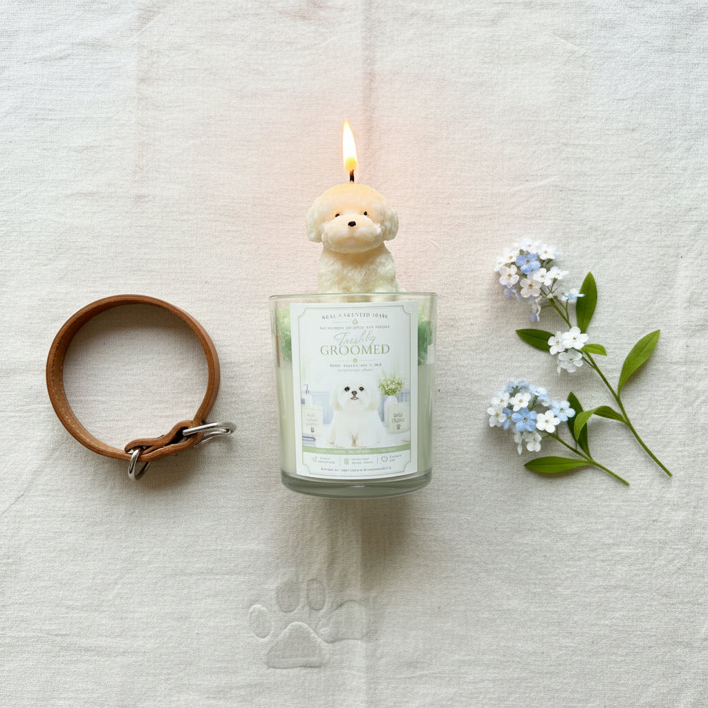 Coconut wax Maltese candle with dog collar and floral styling – clean fresh scent