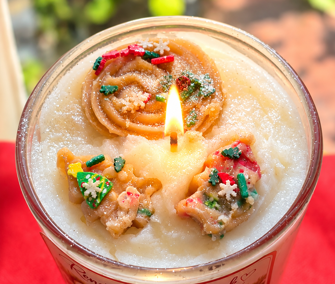 Close-up of lit Cookies for Santa candle top with hand-sculpted sugar cookie toppers, festive Christmas sprinkles and snowflakes