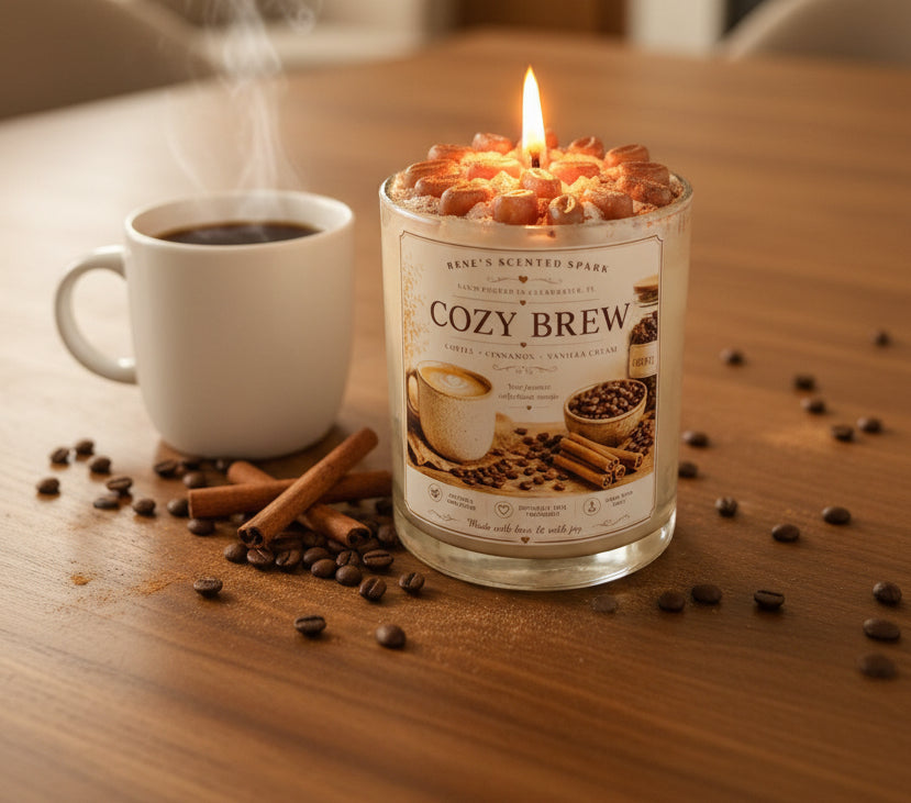 Lit Cozy Brew coconut wax candle by Rene's Scented Spark displayed beside a steaming cup of coffee with cinnamon sticks and roasted coffee beans on a wooden table.