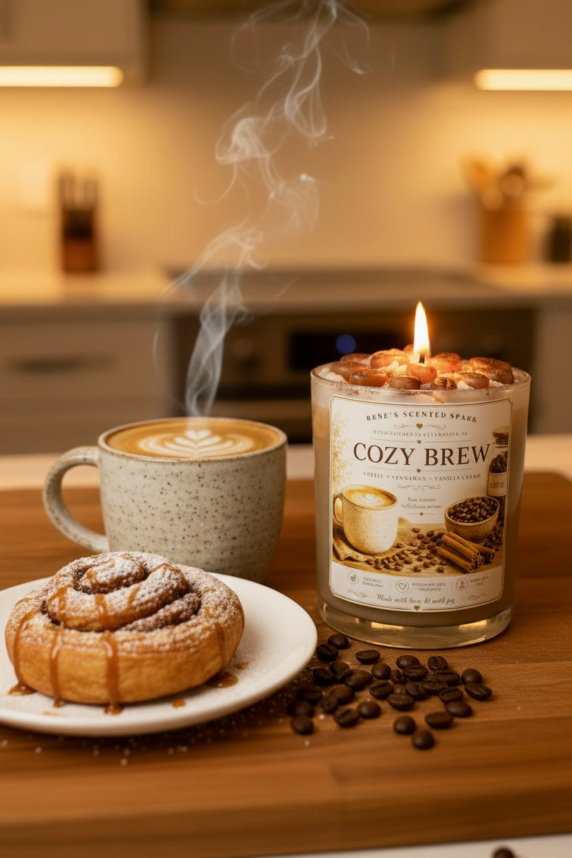 Lit Cozy Brew coconut wax candle by Rene's Scented Spark displayed beside a steaming latte, cinnamon roll, and coffee beans on a wooden countertop in a warm, inviting kitchen.