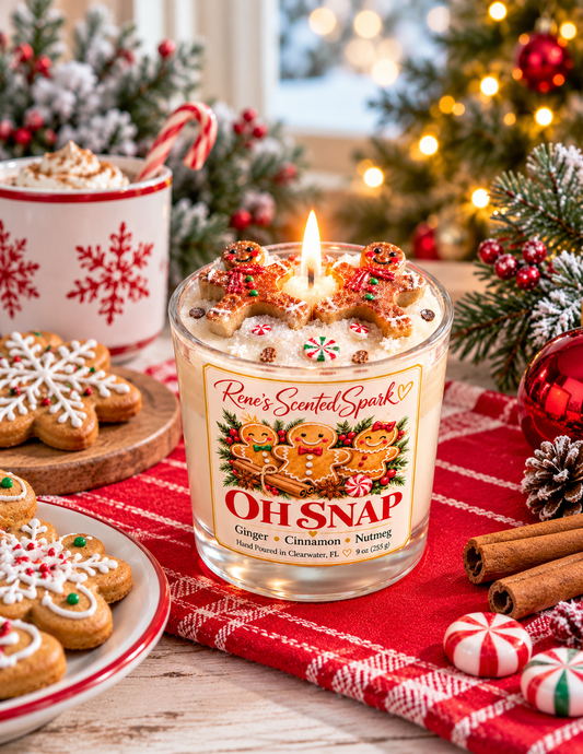 A lit glass jar candle labeled 'Rae's Scented Spark Oh Snap' with gingerbread-themed wax decorations on top, styled on a festive Christmas table with cookies, cinnamon sticks, candy canes, and a holiday tree in the background.