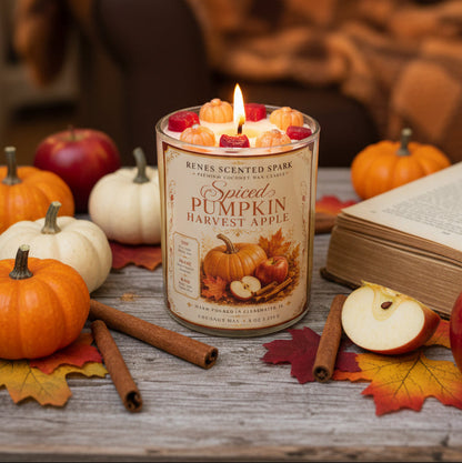 Spiced Pumpkin Harvest Apple coconut wax candle burning in a cozy autumn setting with pumpkins, sliced apple, cinnamon sticks, fall leaves, and an open book.