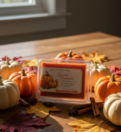 Spiced Pumpkin scented wax melts surrounded by orange and cream pumpkins, cinnamon sticks, star anise and autumn leaves in warm fall sunlight.