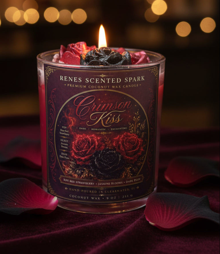 Crimson Kiss coconut wax candle glowing with sculpted red and black rose toppers, styled with deep burgundy velvet, rose petals, and warm romantic lighting.