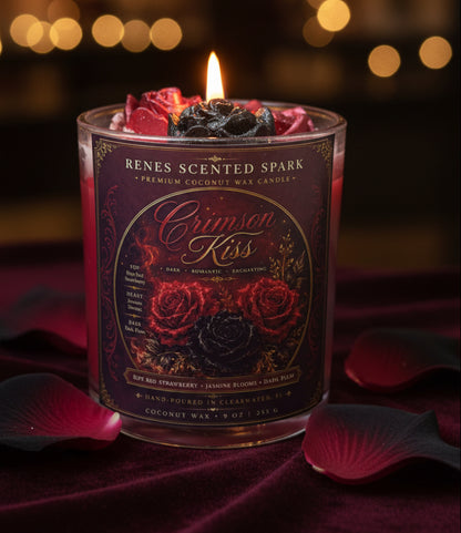 Crimson Kiss coconut wax candle glowing with sculpted red and black rose toppers, styled with deep burgundy velvet, rose petals, and warm romantic lighting.