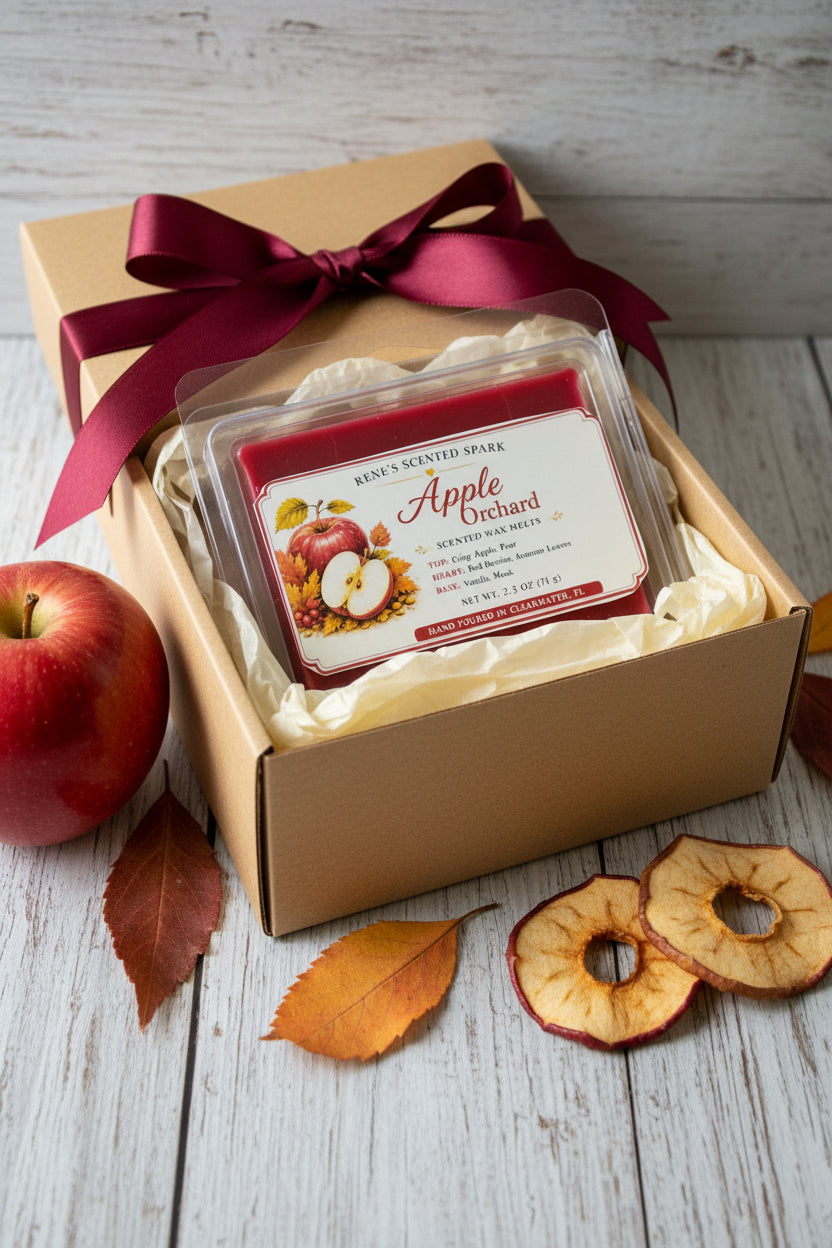 Apple Orchard 2.5 oz scented wax melts packaged in a kraft gift box with burgundy ribbon, fresh apple, dried apple slices and autumn leaves.