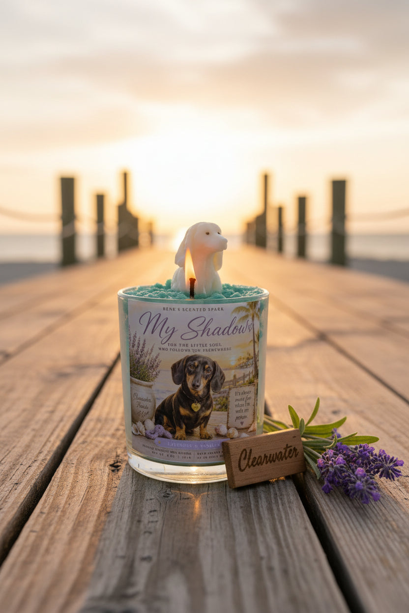 Candle with a dog design on a wooden surface outdoors