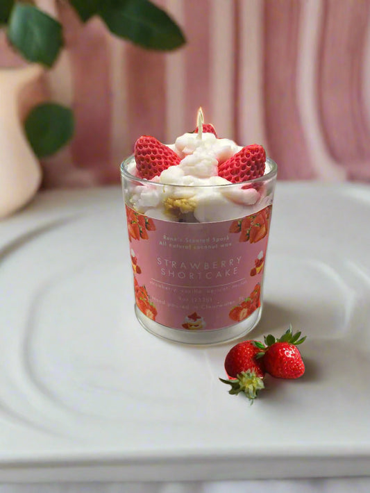 Strawberry Shortcake – strawberry and vanilla scented candle by Rene’s Scented Spark, in a cozy living room.
