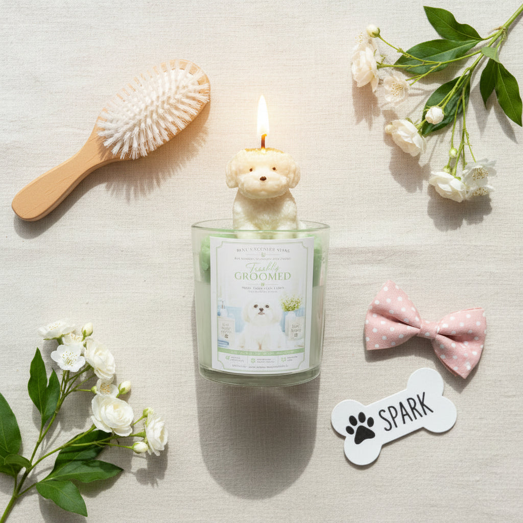 Candle with a dog figurine, brush, flowers, and 'Spark' tag on a light surface