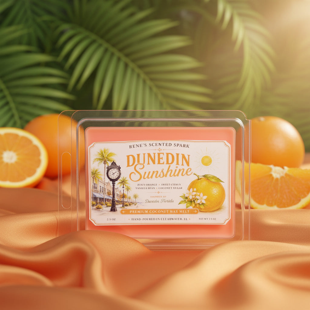 Dunedin Sunshine orange citrus wax melts by Rene’s Scented Spark displayed with fresh oranges, tropical palm leaves, and flowing orange satin fabric.