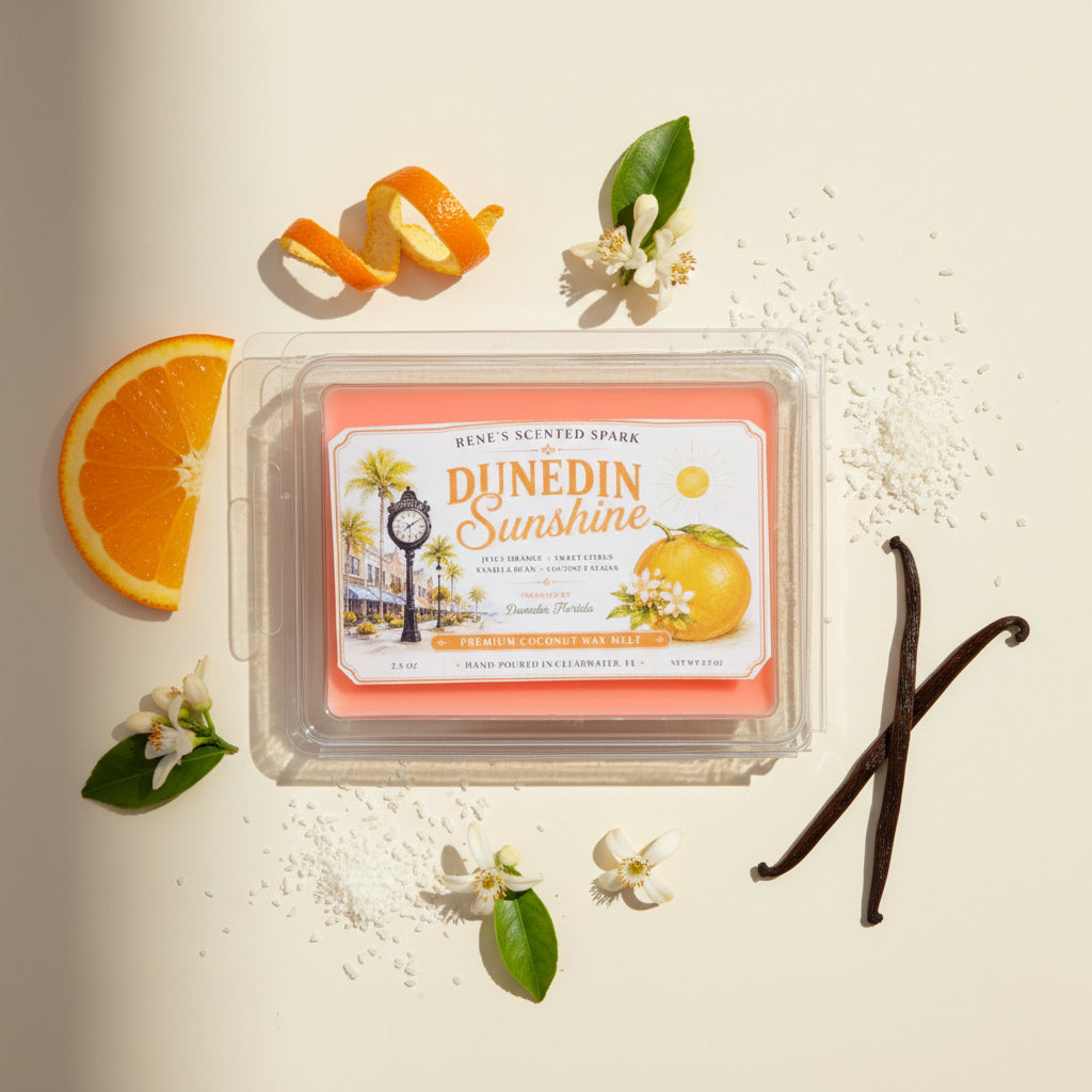 Dunedin Sunshine orange citrus wax melts by Rene’s Scented Spark surrounded by fresh orange, vanilla beans, orange blossoms, and coconut-inspired fragrance notes.