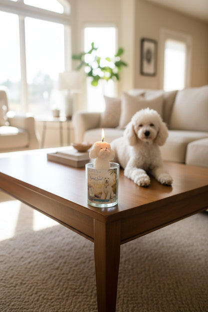 Hand-poured coconut wax dog lover candle with a white poodle-shaped wax topper and dog-themed label, displayed on a wooden coffee table in front of a fluffy white poodle in a bright living room.