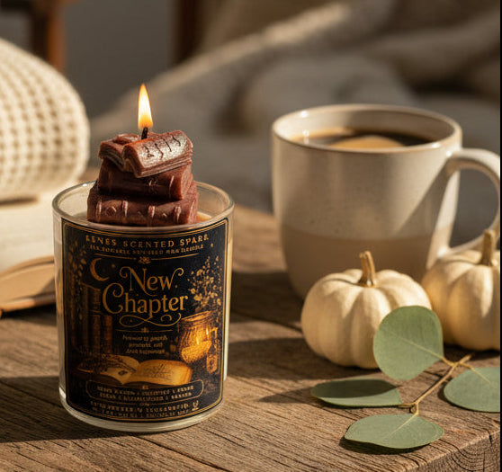 New Chapter coconut wax candle with hand-sculpted book topper displayed beside a warm cup of coffee, white pumpkins, and eucalyptus on a rustic wooden table. Cozy fall home décor candle with enchanted library label, hand-poured in Clearwater, Florida.