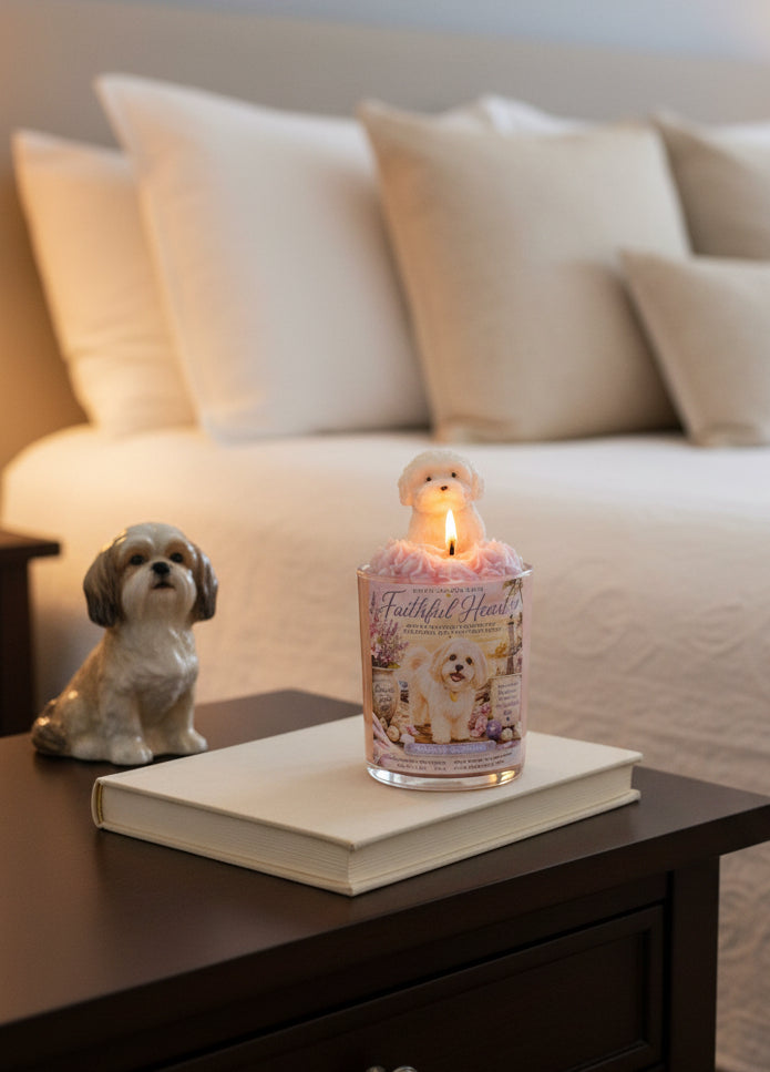Faithful Heart Candle – Freshly groomed scented Maltese dog candle by Rene's Scented Spark  on a end table in a cozy bedroom