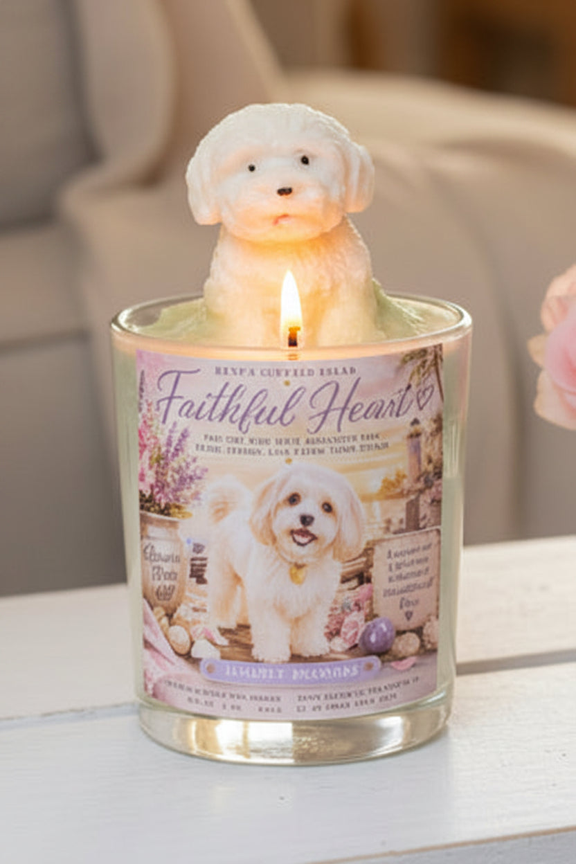 Faithful Heart Maltese Candle – Hand-poured coconut wax candle with sculpted Maltese topper