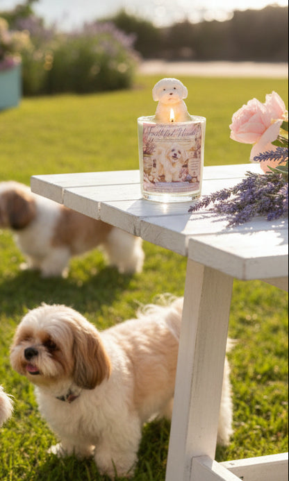 Lit Faithful Heart hand-poured coconut wax candle with a dog-shaped wax topper displayed on an outdoor table surrounded by two dogs in a sunny garden. Thoughtful pet lover gift by Rene's Scented Spark.