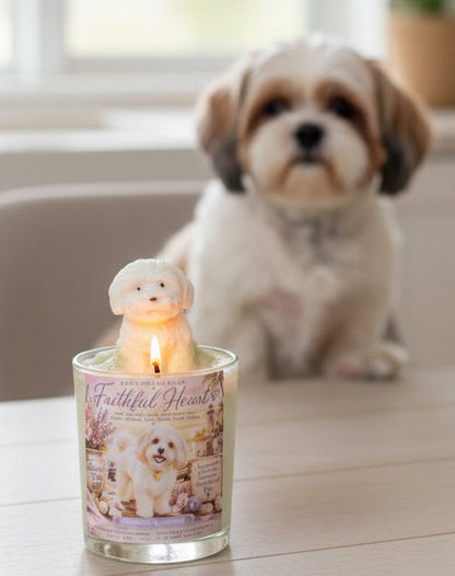 Lit Faithful Heart hand-poured coconut wax candle with a dog-shaped wax topper displayed on a table, with a Shih Tzu sitting in the background. Thoughtful pet lover gift by Rene's Scented Spark.