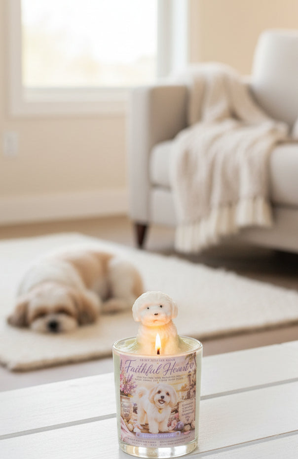 Lit Faithful Heart hand-poured coconut wax candle with a dog-shaped wax topper displayed on a white table, with a sleeping dog resting peacefully in the background. Thoughtful gift for dog lovers by Rene's Scented Spark.