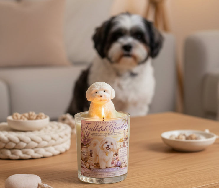 Lit Faithful Heart hand-poured coconut wax candle with a dog-shaped wax topper displayed on a wooden table, with a black and white dog in the background. Pet memorial candle by Rene's Scented Spark.