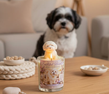 Lit Faithful Heart hand-poured coconut wax candle with a dog-shaped wax topper displayed on a wooden table, with a black and white dog in the background. Pet memorial candle by Rene's Scented Spark.