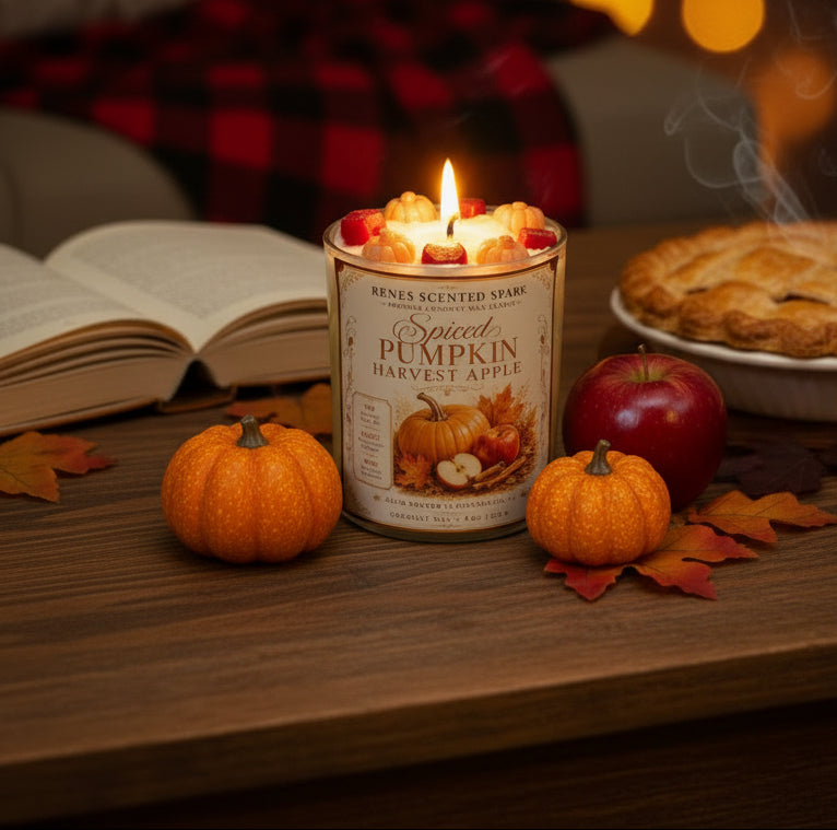 Spiced Pumpkin Harvest Apple coconut wax candle burning in a cozy autumn setting with pumpkins, sliced apple, cinnamon sticks, fall leaves, and an open book.