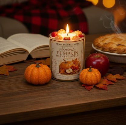 Spiced Pumpkin Harvest Apple coconut wax candle burning in a cozy autumn setting with pumpkins, sliced apple, cinnamon sticks, fall leaves, and an open book.
