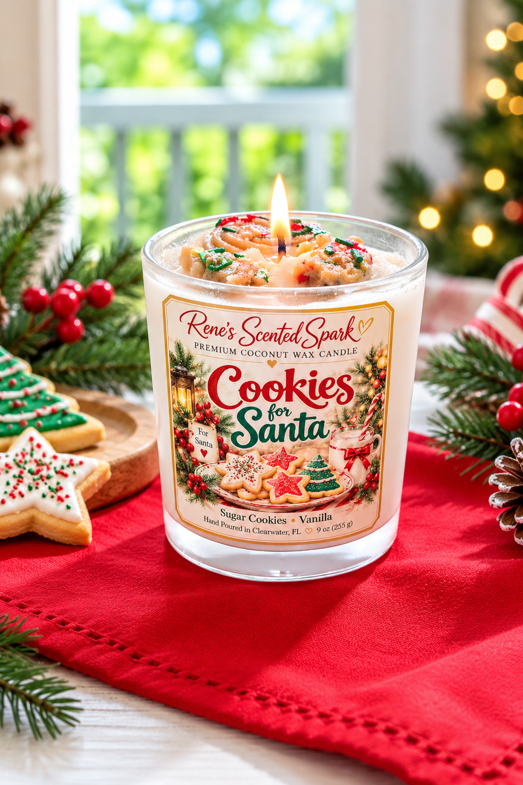 A lit candle in a clear glass jar labeled 'Rene's Scented Spark Cookies for Santa' sits on a red cloth with holiday decorations, including pine branches, red berries, and gingerbread cookies, in front of a softly blurred Christmas tree and window.