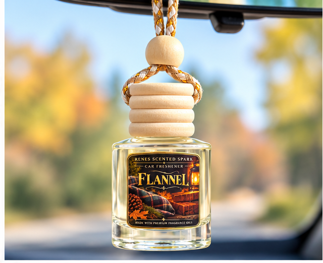 Flannel Fall Scented_Car_Freshener bottle on a tabletop with a plaid cloth and autumn leaves around it; the right panels show the bottle hanging in a car interior and outdoors.