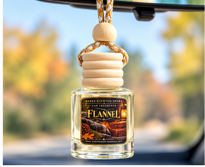 Flannel Fall Scented_Car_Freshener bottle on a tabletop with a plaid cloth and autumn leaves around it; the right panels show the bottle hanging in a car interior and outdoors.