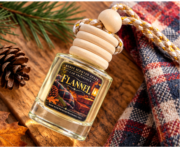 Flannel_Scented_Car_Freshener shows the bottle on a tabletop with a plaid blanket and autumn leaves around it; the right panels show the bottle hanging in a car interior and outdoors.