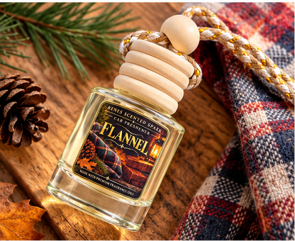Flannel_Scented_Car_Freshener shows the bottle on a tabletop with a plaid blanket and autumn leaves around it; the right panels show the bottle hanging in a car interior and outdoors.