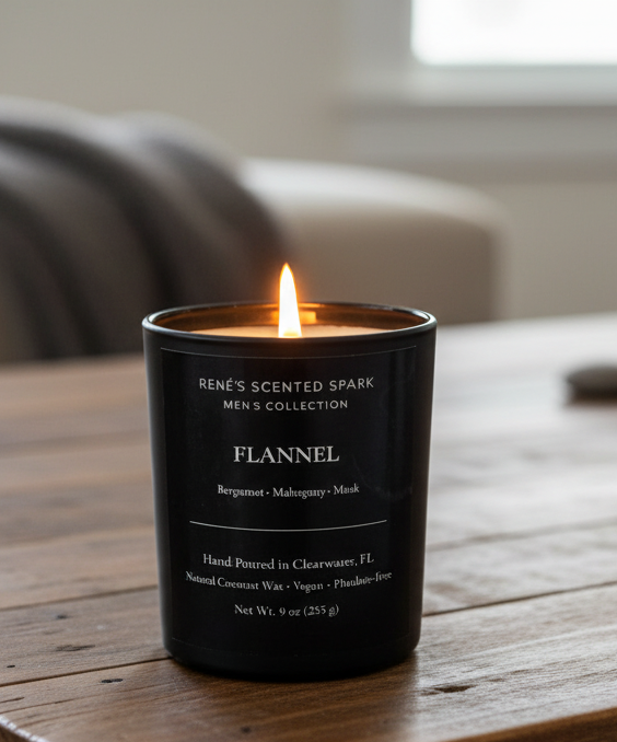 Flannel candle from Rene’s Scented Spark Men’s Collection burning in a black glass jar with notes of bergamot, mahogany, and musk