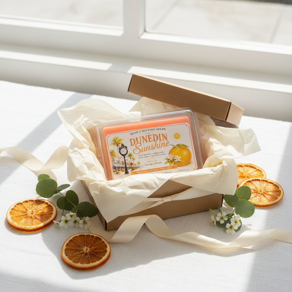 Dunedin Sunshine orange citrus wax melts by Rene’s Scented Spark presented in a gift box with cream tissue, ribbon, dried orange slices, and greenery.