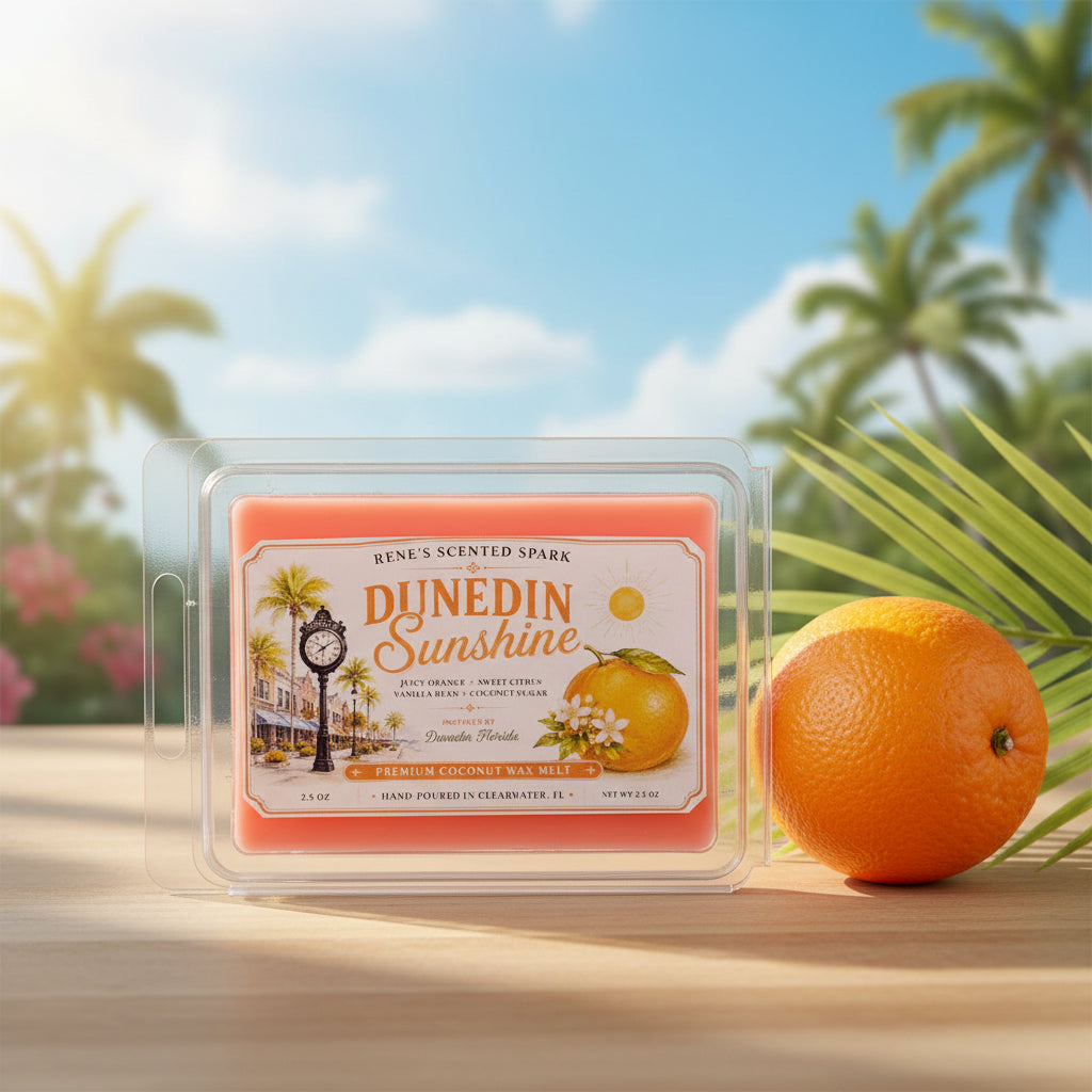 Dunedin Sunshine orange citrus wax melts by Rene’s Scented Spark with fresh orange and tropical palm trees in a sunny Florida setting.
