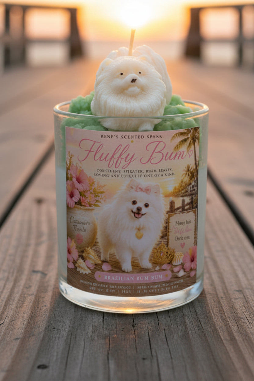 Candle with a dog-shaped wick and decorative label on a wooden surface