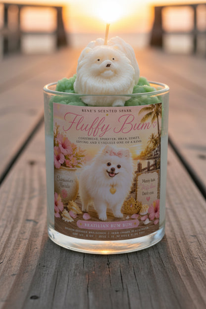 Candle with a dog-shaped wick and decorative label on a wooden surface